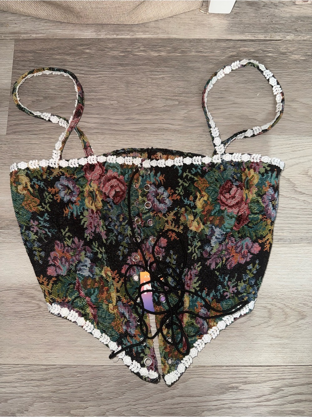 Floral Lace-Trim Crochet Crop Top - Black Multi